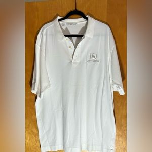 NWOT XL John Deere white polo with silver embroidered emblem.